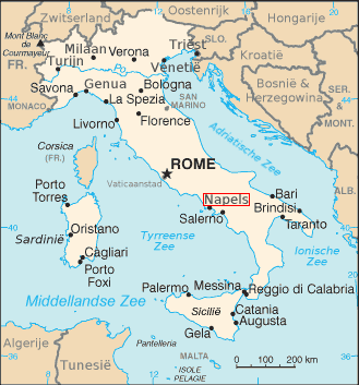 Map of Italy showing Naples