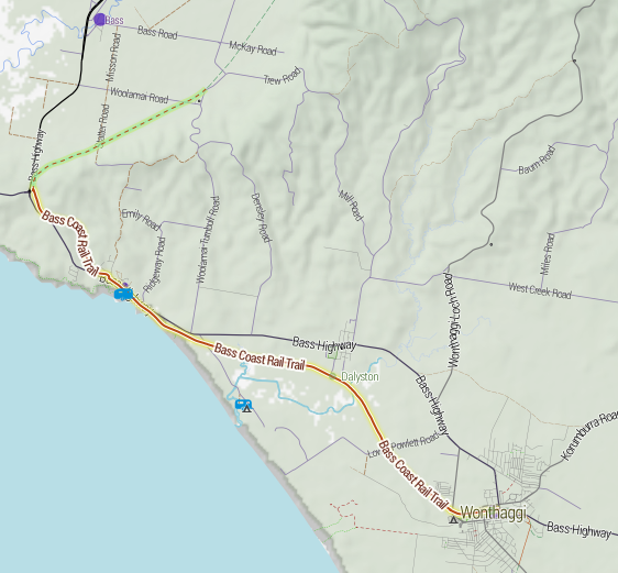 Map of the rail trail, including proposed extension to Woolamai. Map of Bass Coast Rail Trail Stevage.png