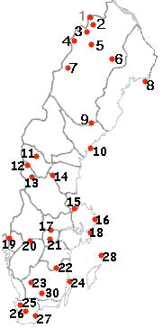 Mapa de la localización de los parques nacionales de Suecia. El nº 8 corresponde al parque nacional del archipiélago de Haparanda