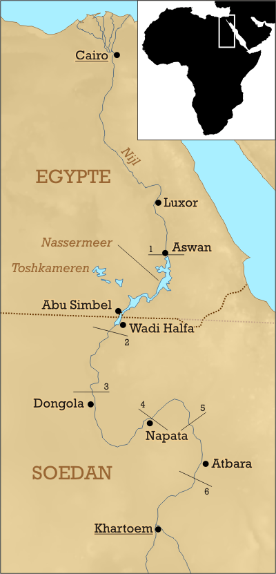 Kaart met de zes cataracten, waartussen de oude Nubische koninkrijken lagen.