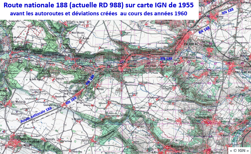 RN 188 en un mapa IGN de ​​1955 antes de que fuera cortada por la autopista A 10 y los desvíos creados en la década de 1960