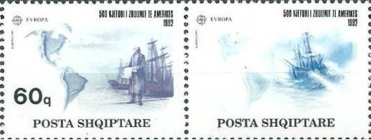 File:Stamp of Albania - 1992 - Colnect 369453 - 1 - Map of North and South America Columbus sailing ships.jpeg