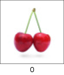 Sample mapping on a picture of a pair of cherries. The image is 74 pixels wide, and takes 114 iterations to be restored, although it appears upside-down at the halfway point (the 57th iteration). Arnold's Cat Map animation (74px, zoomed, labelled).gif