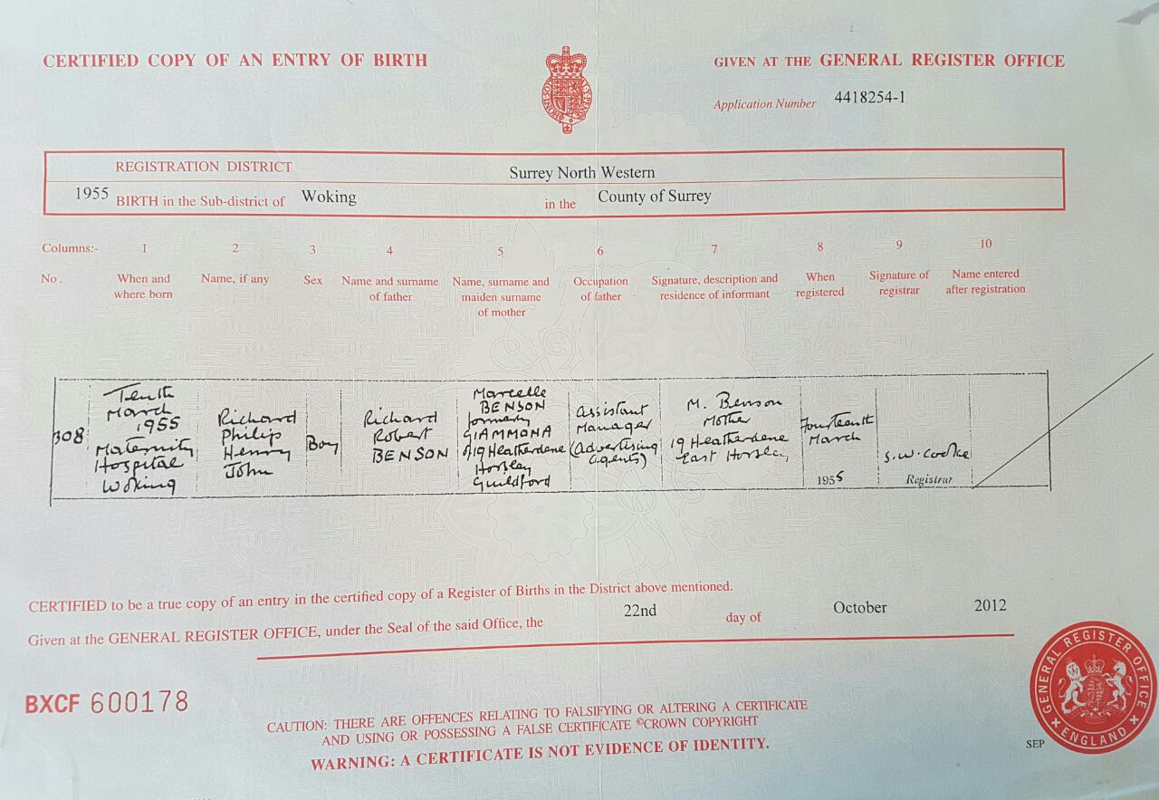 Certificato di nascita di Richard Benson, ritirato dall'ambasciata britannica a Roma in occasione del suo matrimonio con Ester Esposito