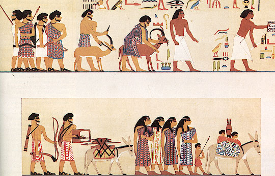 Recreation of tomb painting from Egypt. Many of the people have colorfully patterned clothing, with the men sporting full beards. These are clues that they are foreign. Two Egyptian men are in the upper right, wearing plain white clothes with the goatees typical of Egyptian men. 