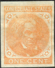 Faded stamp image of Calhoun, saying 'Confederate states One Cent'