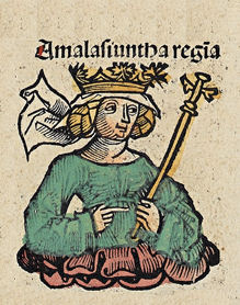 Амаласунта, королева остготов в Италии. Гравюра по дереву из Нюрнбергской хроники Хартмана Шеделя, 1493 год