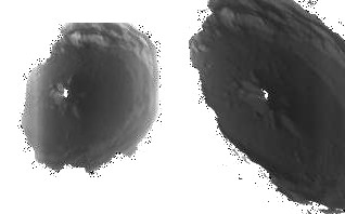 Two views of the interior of Petronius crater. These long-exposure images show a star-shaped central peak whose summit is illuminated by sunlight. Petronius crater broadband EW1017613911B EW1048248000B.jpg