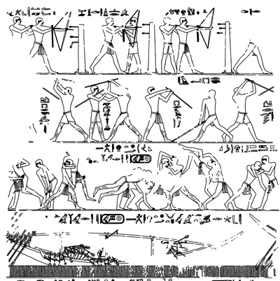 Engravings at the Abusir necropolis showing scenes of archery, wrestling, and stick fighting