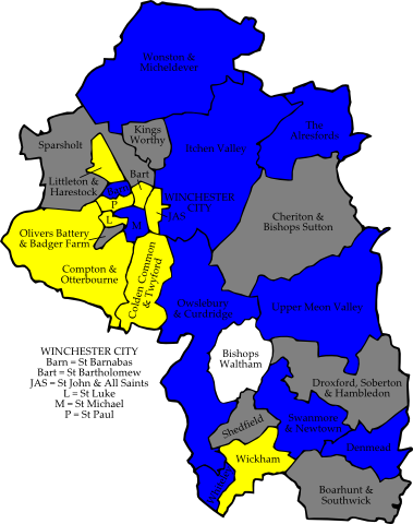 Map of the results of the 2007 Winchester council election. Conservatives in blue, Liberal Democrats in yellow and independent in white. Wards in grey were not contested in 2007. Winchester 2007 election map.png