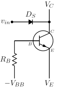 Simplified collector trigger circuit of an avalanche npn bipolar transistor operated by a commonly used bias network. Avalanche bjt collector trigger.png