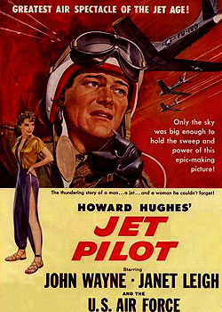 Jet Pilot, a Hughes pet production launched in 1949. Shooting wrapped in May 1951, but it was only released in 1957 due to his interminable tinkering. RKO was by then out of the distribution business. The movie was released by Universal-International. JetPilotPoster.jpg