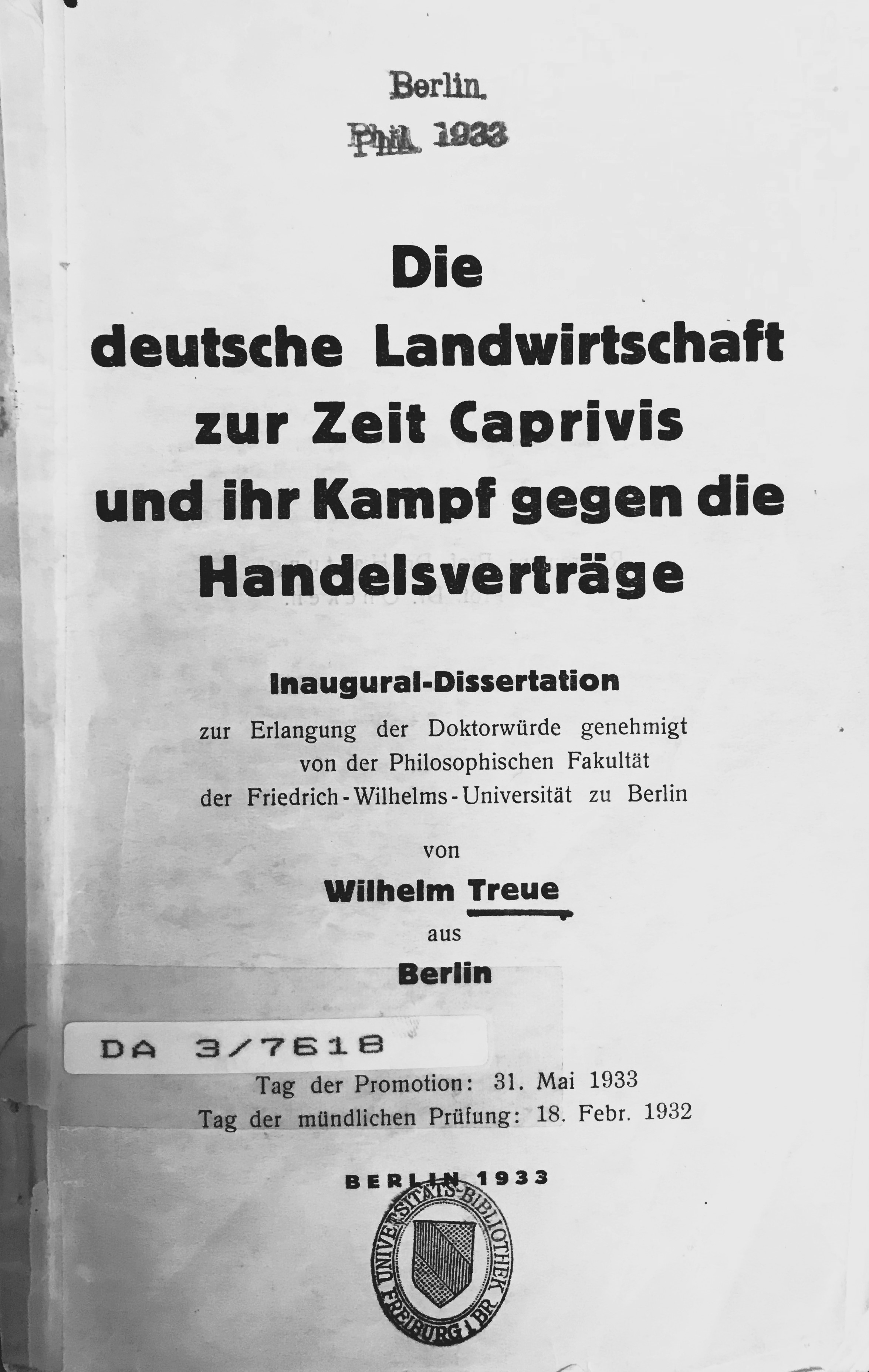 Deckblatt der Dissertation von 1932/33