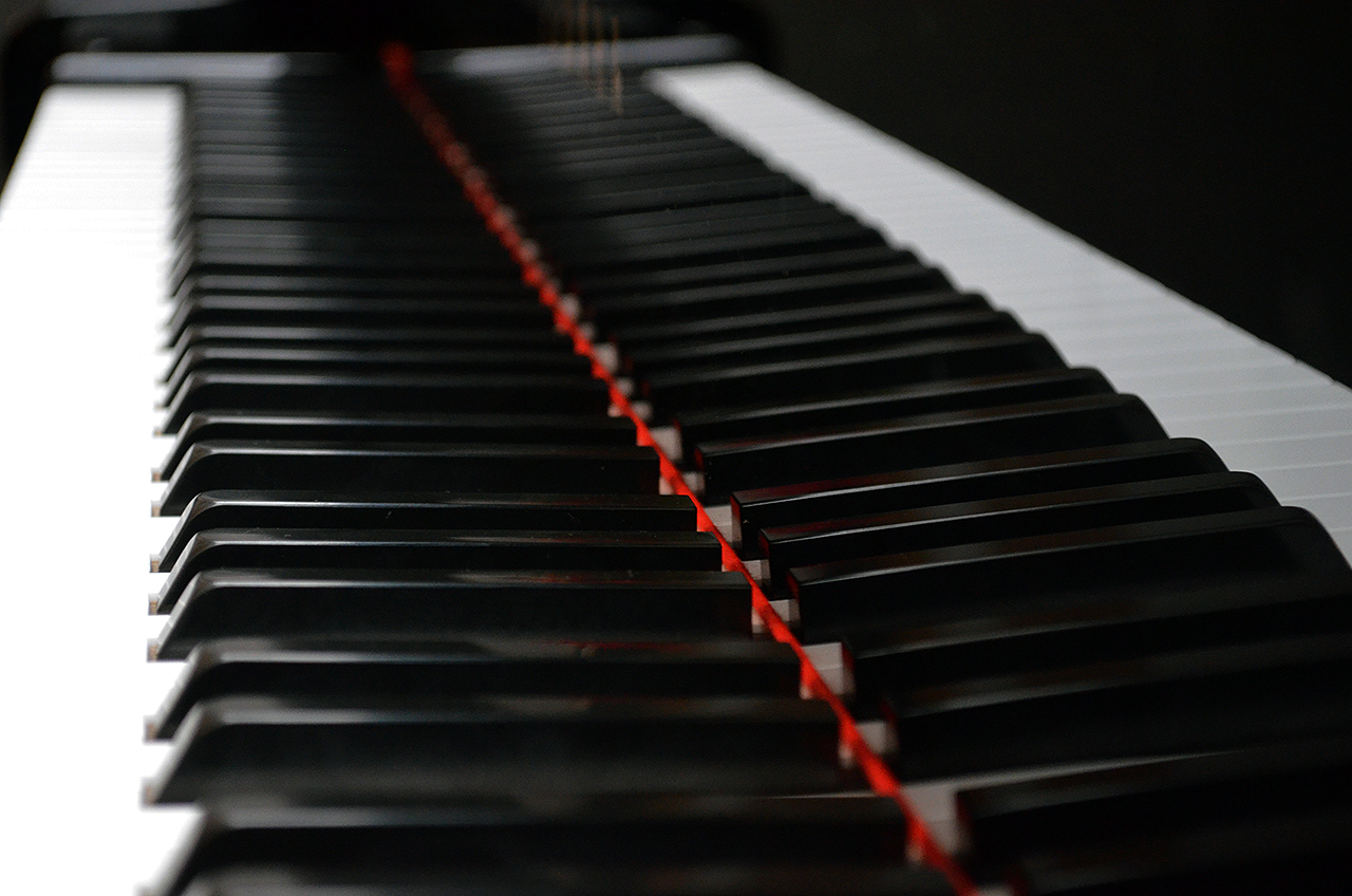 Na zdjęciu klawiatura pianina i jej obicie w czarnej listwie obudowy