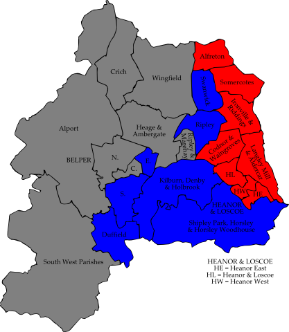 Map of the results of the 2010 Amber Valley council election. Labour in red and Conservatives in blue. Wards in grey were not contested in 2010. Amber-Valley 2006 election map.png