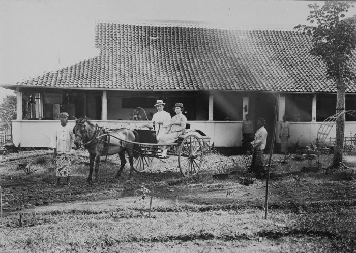 File:COLLECTIE TROPENMUSEUM Europees echtpaar poseert in een rijtuig met het personeel voor hun woning op een plantage TMnr 60044645.jpg