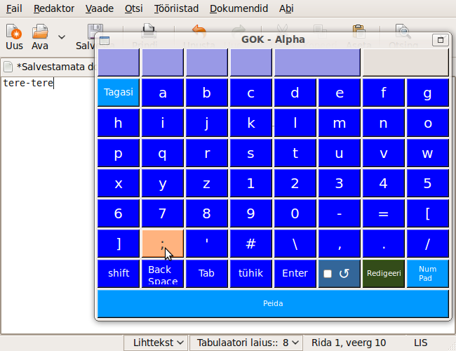 "Gnome On-Screen Keyboard eestikeelse teksti sisestamisel Linuxi Gedit-redaktorisse"
