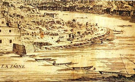 La Veue de Lion descendat par la Saosne, par Israël Silvestre (1649-1650), montrant le fort Saint-Jean à gauche, l'emplacement du futur Grenier d'abondance à sa droite, et des bateaux portant la chaîne de Sainte-Marie-aux-chaînes.