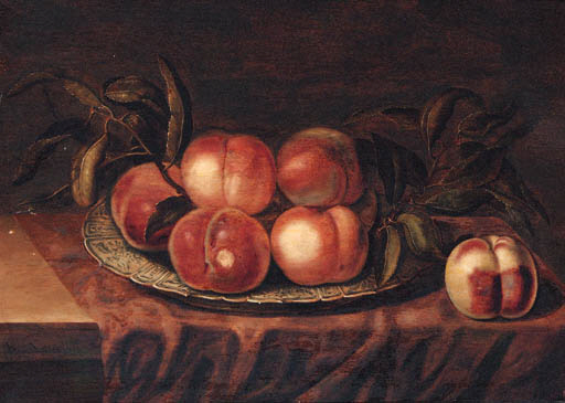 File:Peaches on a porcelain dish, on a partially draped ledge.jpg