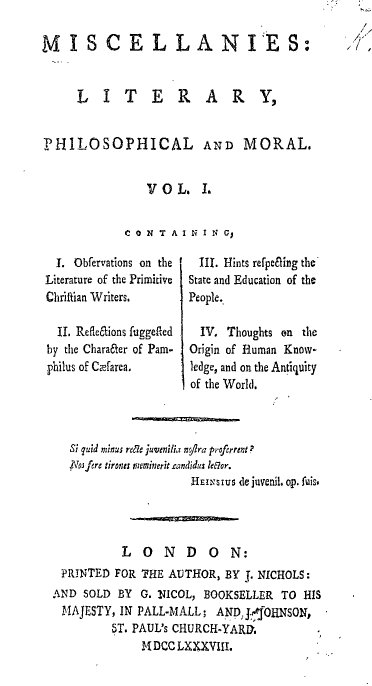 Title page from the first edition of ''Miscellanies''