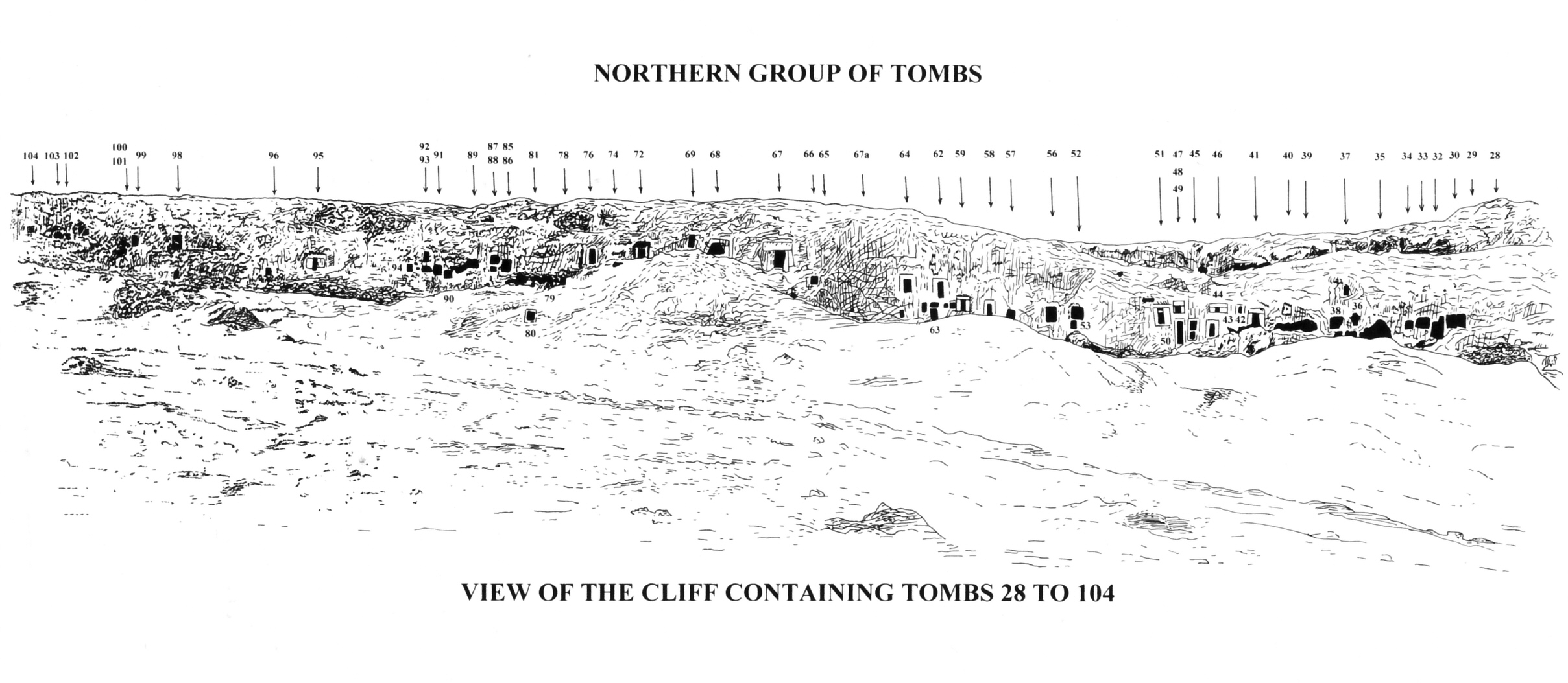Norman de Garis Davies, ''Northern group of tombs, view of a cliff containing tomb numbers 28 to 104,'' [[Deir el-Gabrawi