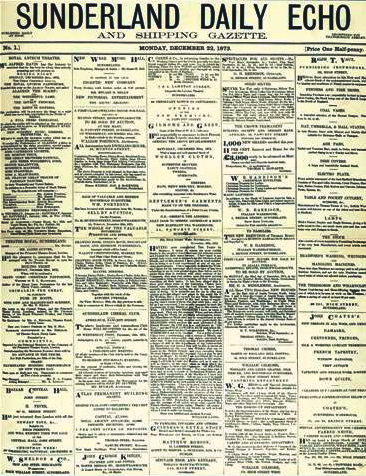 Front page of the Sunderland Echo (first issue, 22 December 1873).jpg