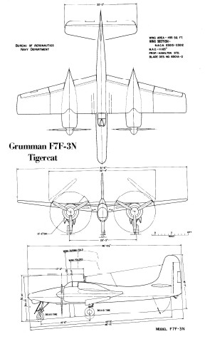 3-view drawing of a Grumman F7F-3N Tigercat