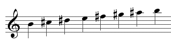 1. B major scale: no key signature; accidentals required throughout