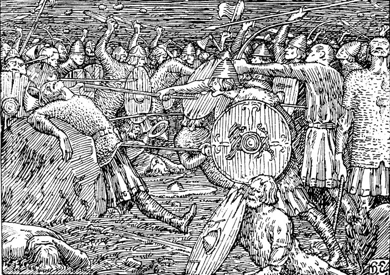 "Kong Olavs fall" slik vi alle kjenner Halfdan Egedius berømte tegning (1899) i Snorres kongesagaer. 