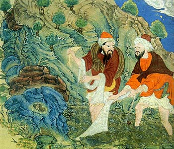 An illustration of "Three Fish" from Kalila and Dimna