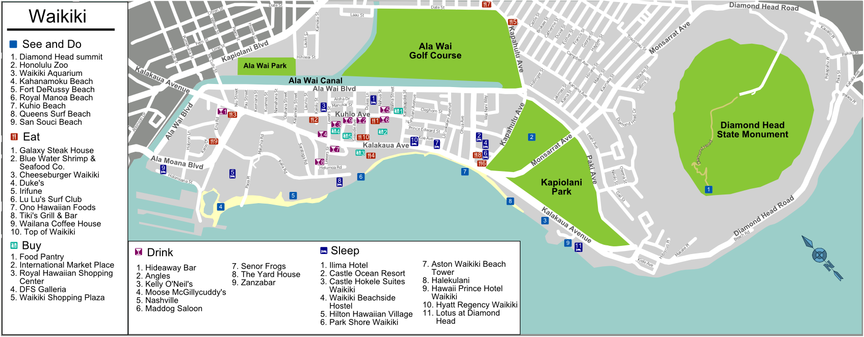 Waikiki Map with hotels and condos from $75 (808)394-2112.