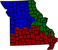 The Eastern District, in green, is based in St. Louis. The Western District, in blue, is based in Kansas City. The Southern District, in red, is based in Springfield. Geographic Districts of the Missouri Court of Appeals.png