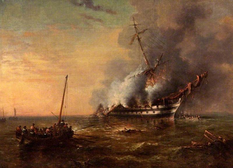 File:HMS 'Bombay' on Fire at Montevideo, Uruguay, 14 December 1864 by George Cochrane Kerr DOR BRC AH129.jpg