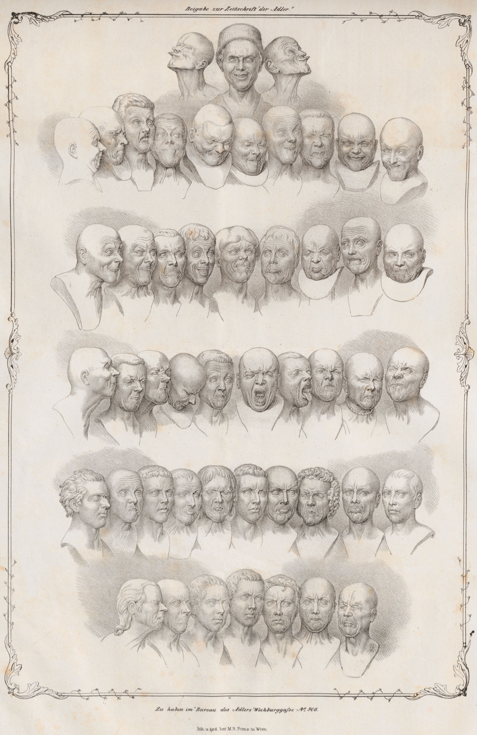 Matthias Rudolph Toma - litografia zobrazujúca Charakterové hlavy F. X. Messerschmidta, 1839, Österreichische Nationalbibliothek, Viedeň 