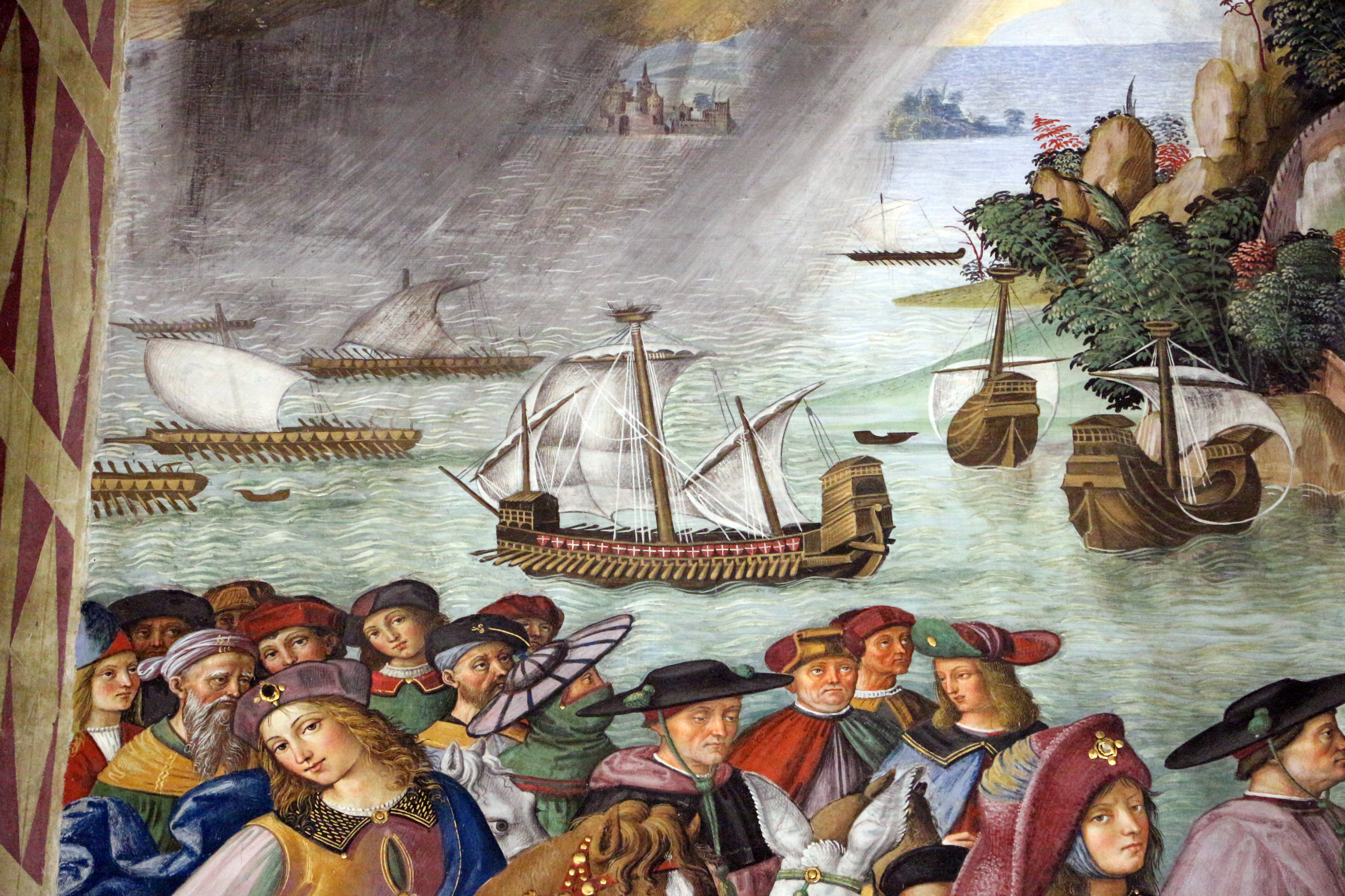 Pinturicchio, Enea Silvio Piccolomini parte per il concilio di Basilea (particolare delle barche nel porto)