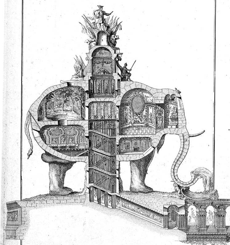 Ribart's cross-sectional plan for ''L'elephant triomphal, grand kiosque a la gloire du roi''