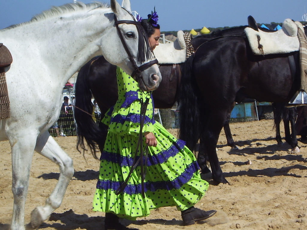 Romera con su caballo yendo a embarcar. Embarque de las hermandades en Sanlúcar en la Romería del Rocío · Crédito Avicentegil 