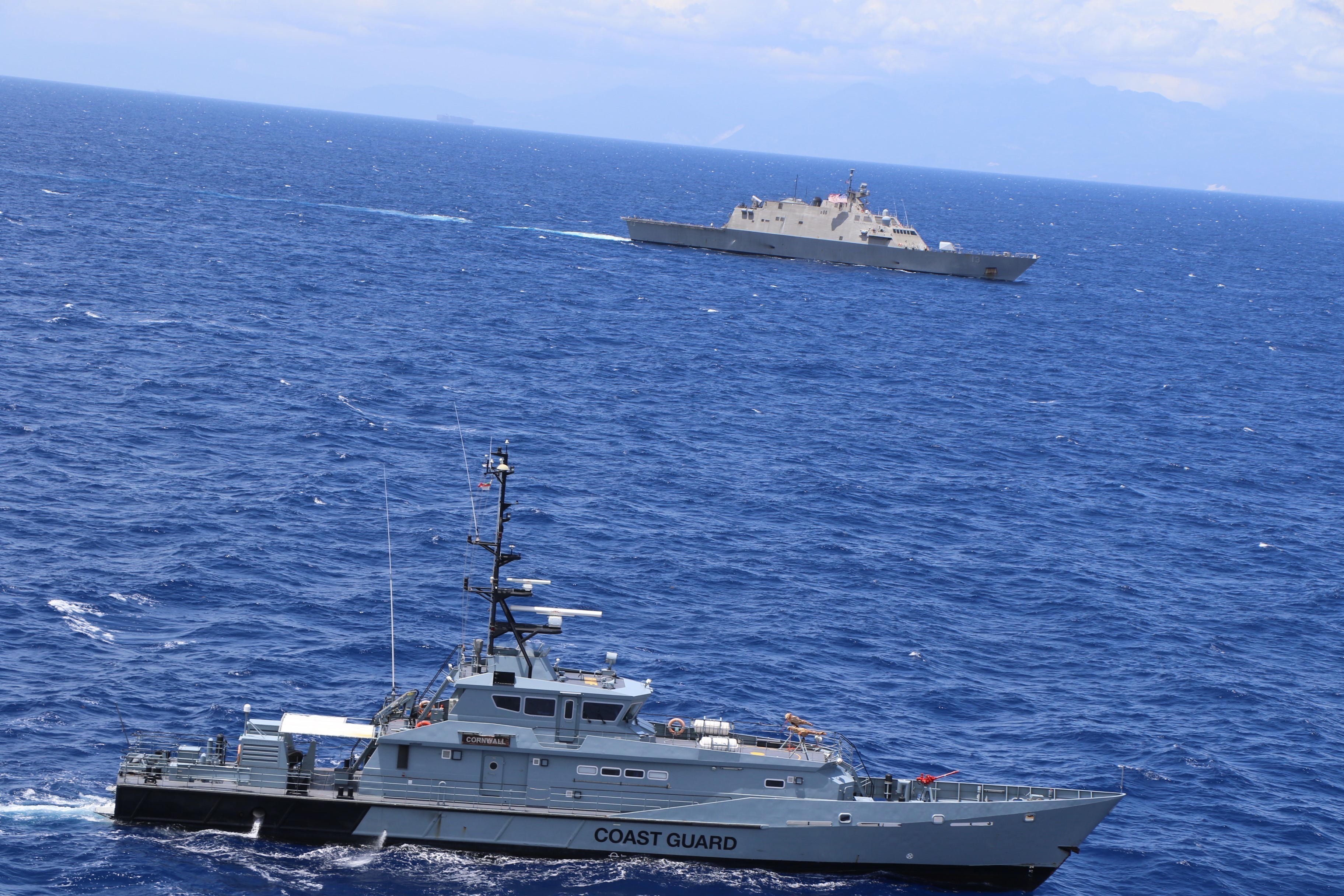 FileUSS Wichita (LCS-13) and Jamaica Defence Force Coast Guard patrol vessel HMJS Cornwall conduct a live-fire exercise in April 2021 - 2.jpg