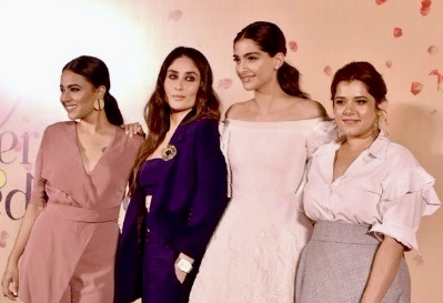 Kapoor with co-stars Swara Bhaskar, Sonam Kapoor and Shikha Talsania (l-r) at a promotional event for Veere Di Wedding in 2018