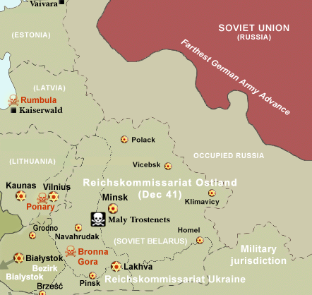 Maly Trostenets on the map of major ghettos in Reichskommissariat Ostland . The camp's location is marked by the black-and-white skull icon. WW2-Holocaust-ROstland.PNG