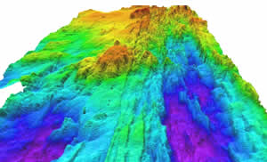 Bathymetry image showing the crest of Southern Explorer Ridge. Purple and dark blue colors indicate deepest depths.