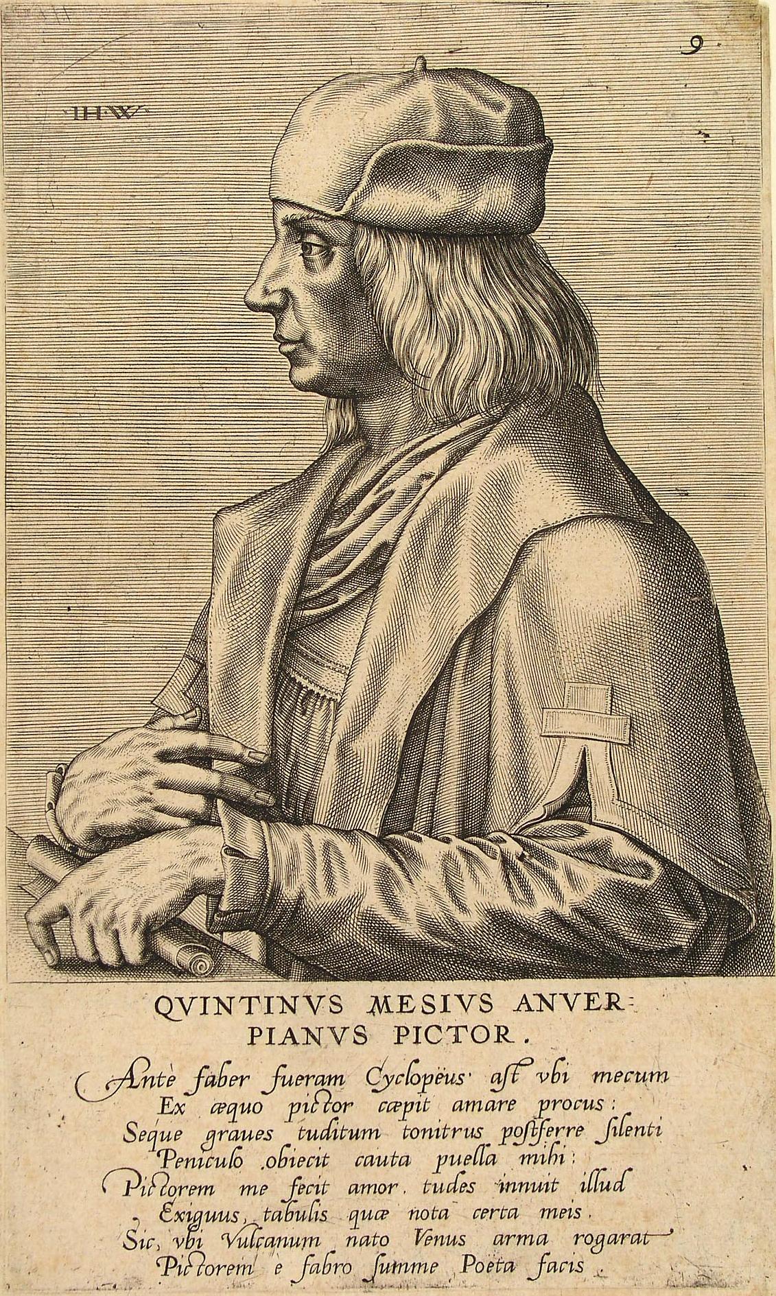 Quentin Matsys, engraved by [[Johannes Wierix]] with [[Dominicus Lampsonius]]' poem about how Matsys' girlfriend preferred the quiet paintbrush to the heavy noise of hammering