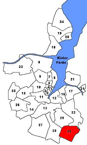 Karte von Kiel. Markiert ist der Stadtteil Rönne