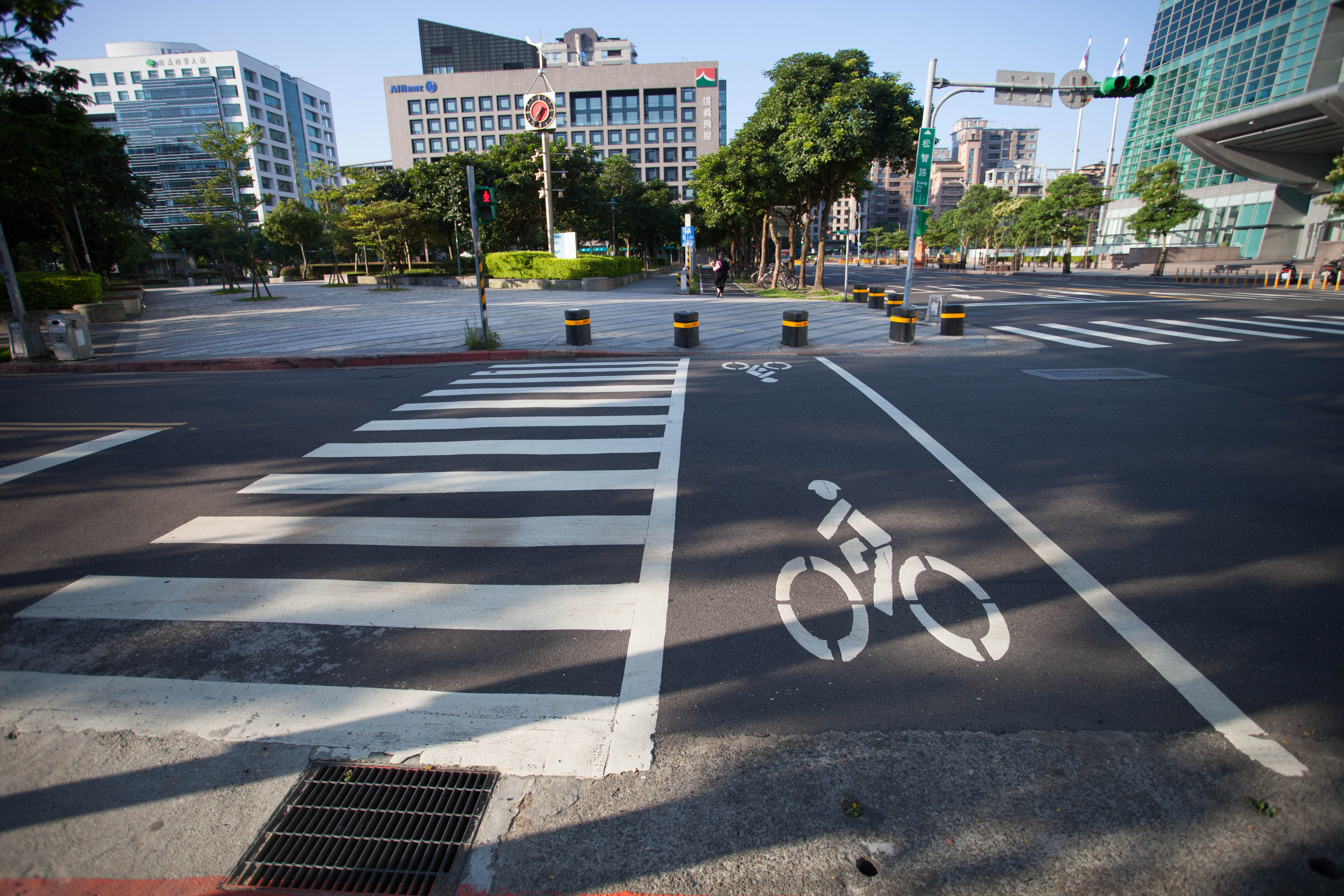 View of three traffic signs Pedestrian crossing / Zebra crossing