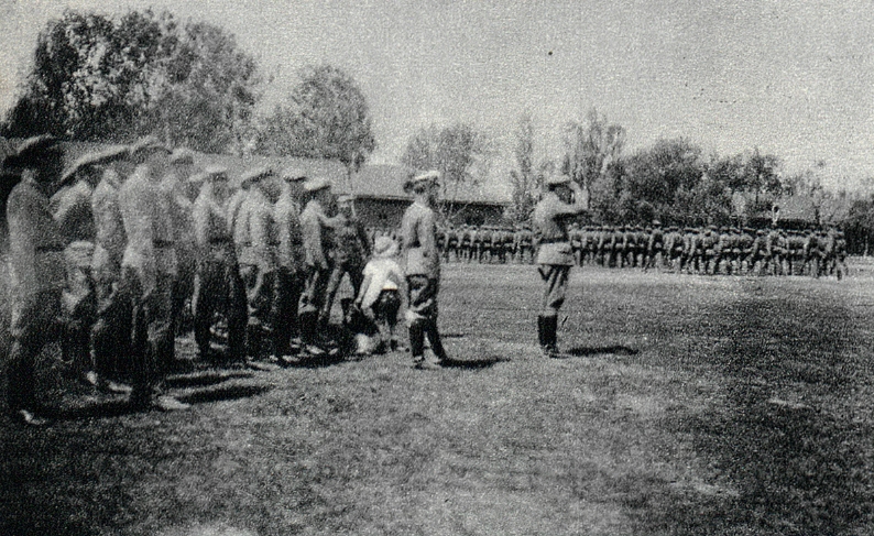 File:Pożegnalna defilada 5 pp przed odchodzącym z pułku, mjr S. Bukackim, 1917.jpg