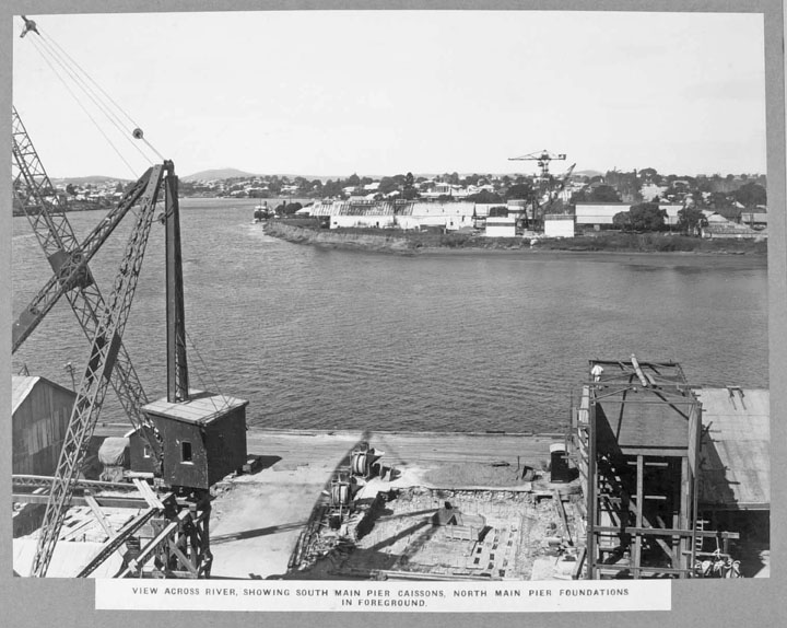 File:Queensland State Archives 3333 View across river showing south main pier caissons north main pier foundations in foreground 29 April 1936.png