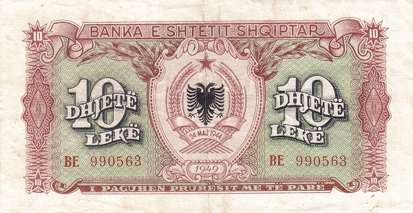 10 lekë of Albania in 1949 Obverse.png