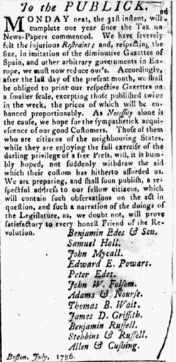 A 1786 Newspaper clip with Benjamin Edes name on it.