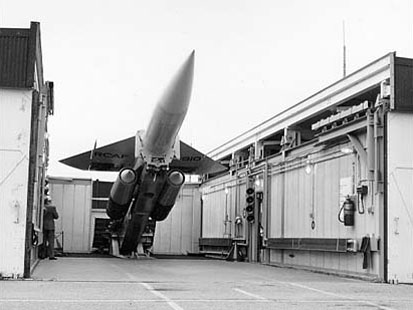 An RCAF CIM-10 Bomarc missile on a launch erecter in North Bay. Viewed as an alternative to the scrapped Avro Arrow, the Bomarc's adoption was controversial given its nuclear payload.