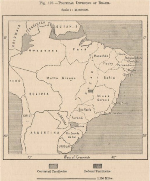 By 1889, most of Brazil's borders had been established by international treaties, with a few contested areas.[G]